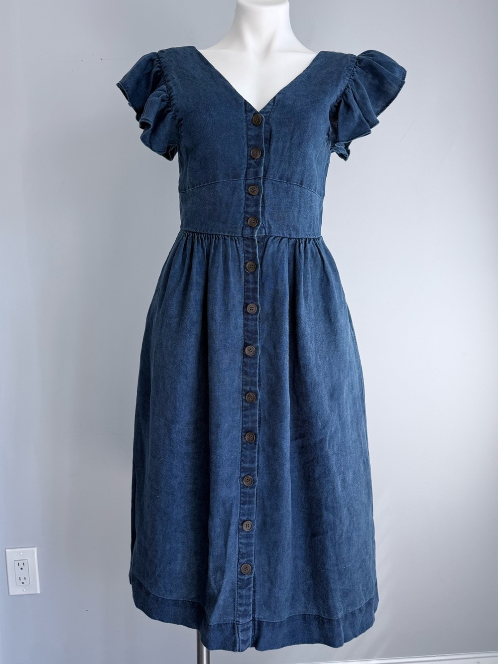 SEA New York Linen Midi Dress Blue Chambray Ruffle Button Front Cottagecore Boho - Picture 2 of 15